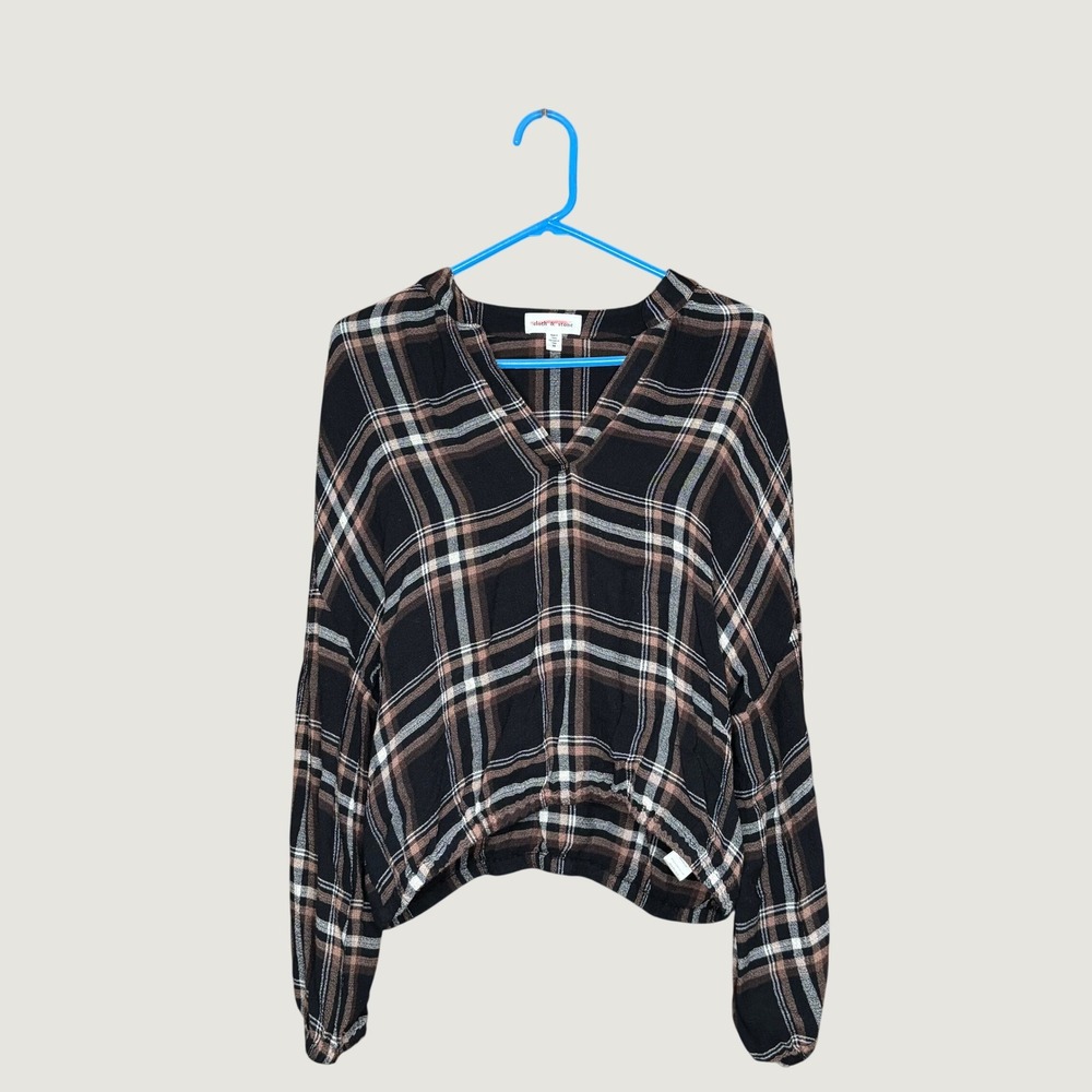 Cloth & Stone Plaid Blouse Women Size M Black Excellent V-Neck Cropped Top